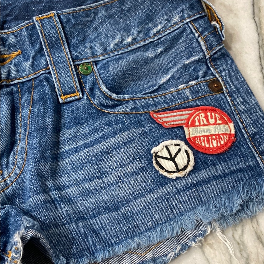 True Religion Cutoff Women's Shorts with Patch Details - Blue - Picture 6 of 10
